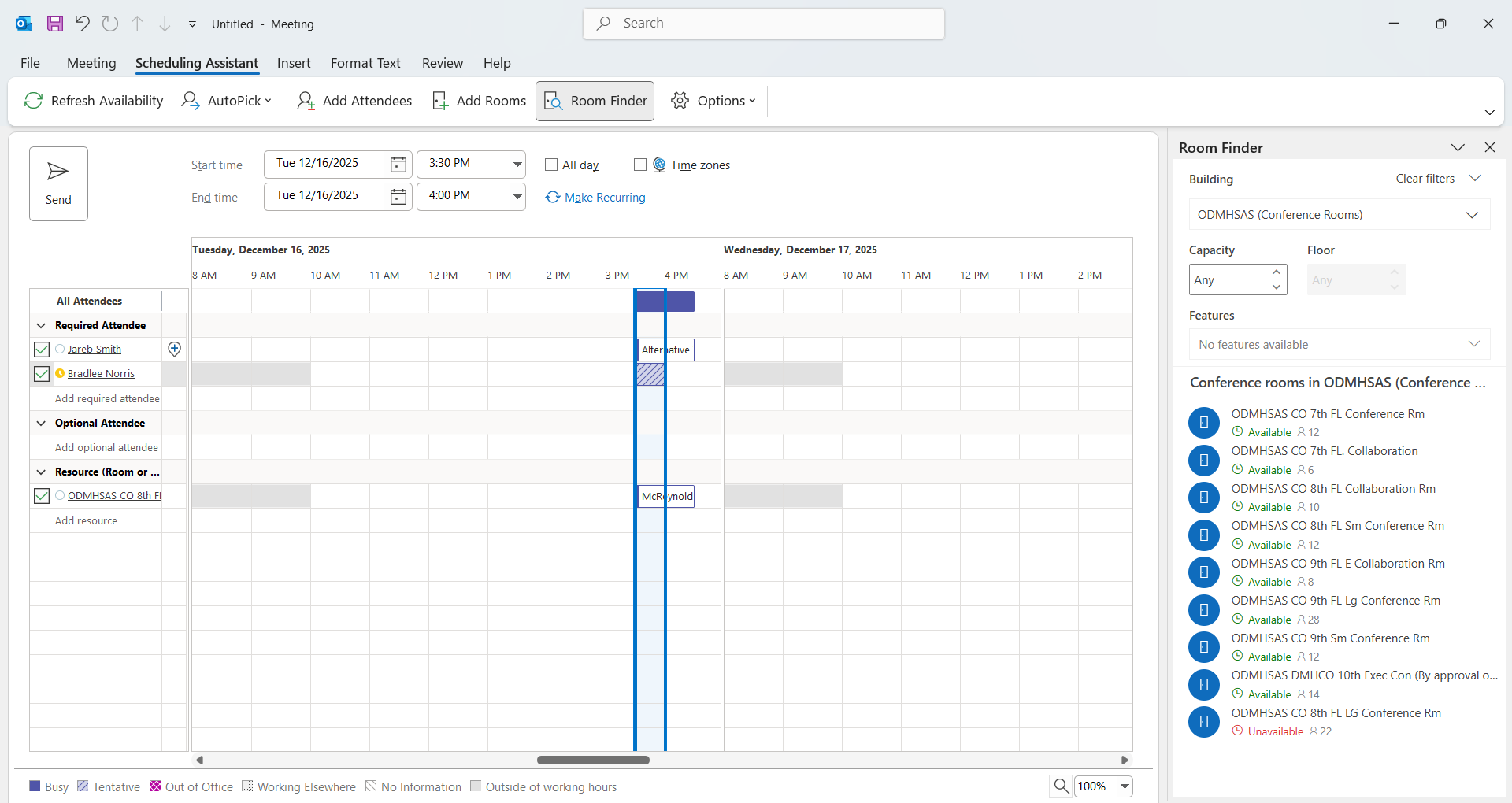 Scheduling Assistant showing room availability